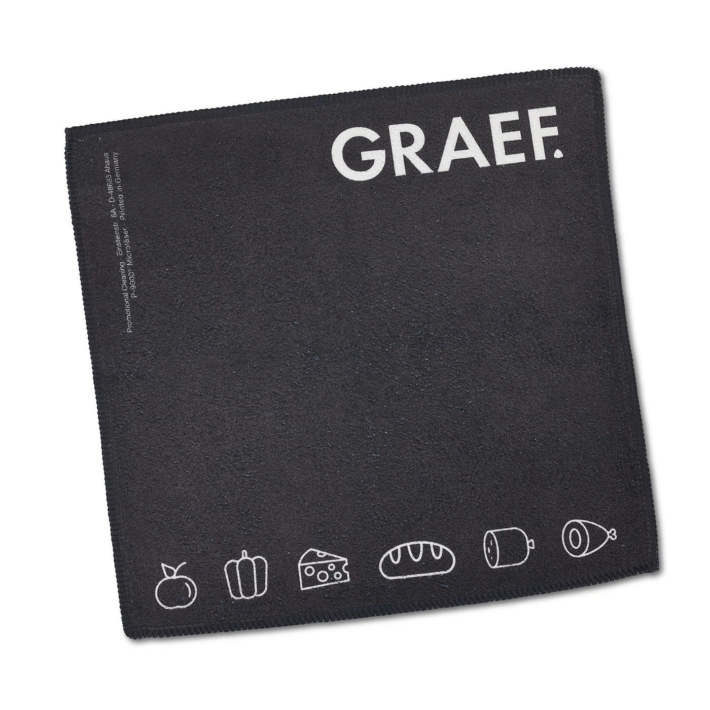 Black microfiber cloth with "GRAEF" logo and food icons.