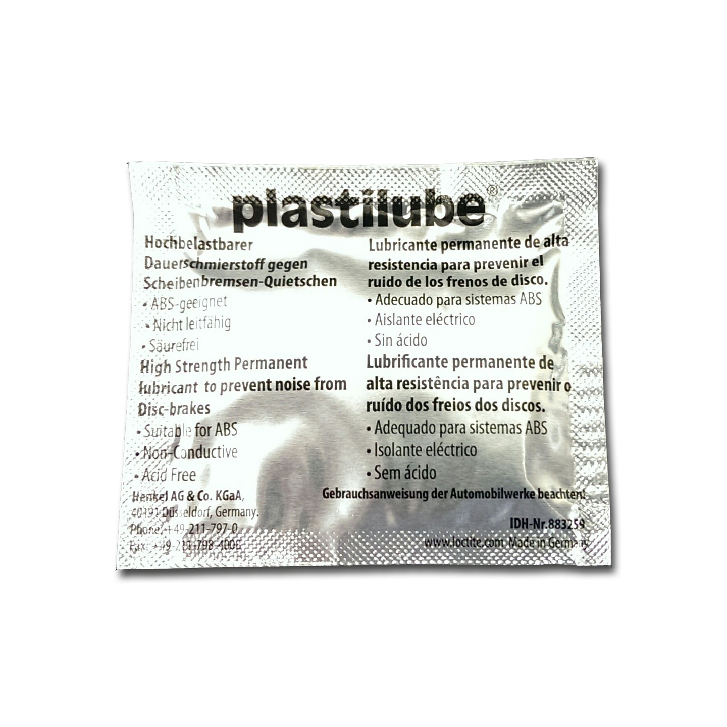 Plastilube-Produktverpackung mit Text, der die Eigenschaften des Produkts beschreibt.