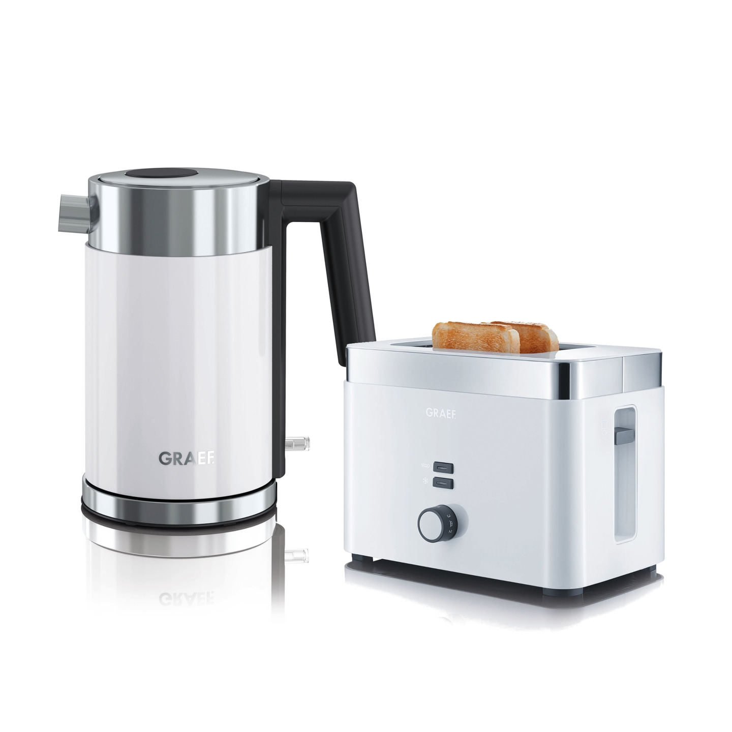 Weißes Wasserkocher und Toaster-Set mit GRAEF-Logo auf weißem Hintergrund.