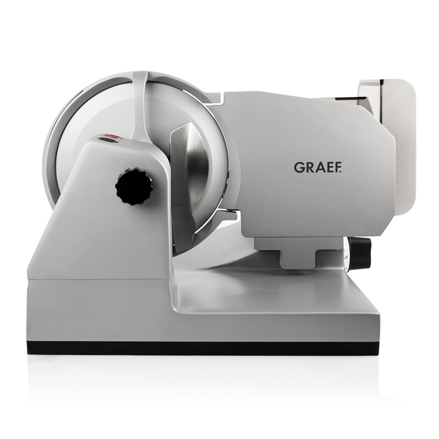 Graef Allesschneider, silberfarben, mit schwarzem Drehknopf und Logo