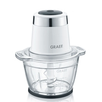 White electric food chopper with glass bowl and GRAEF logo, close-up shot.