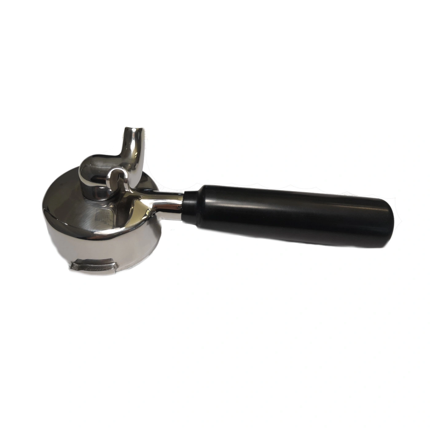 Espresso portafilter with black handle, polished metal, and spout for brewing.