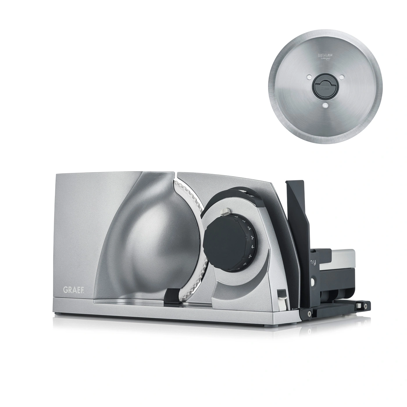 Silver Graef slicer with removable blade and thickness adjustment dial for food slicing.