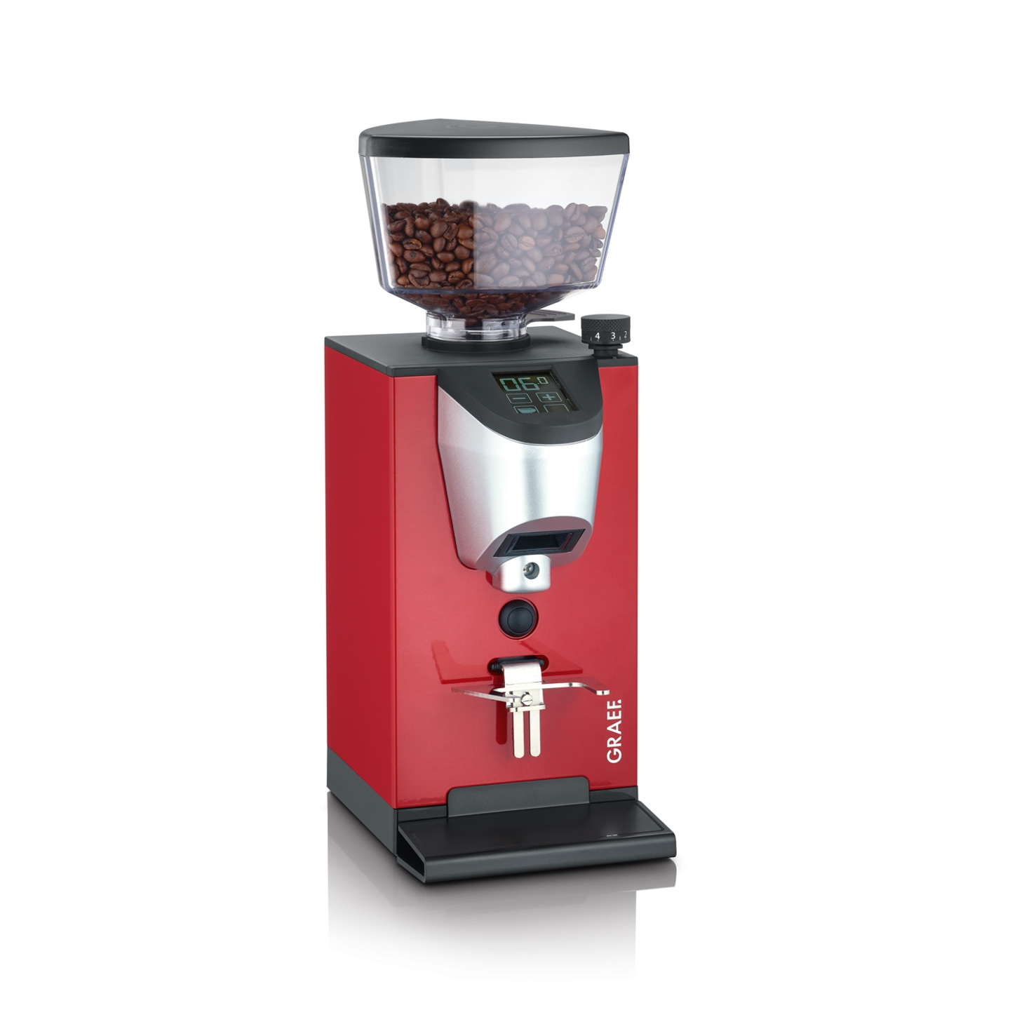 Roter Kaffeemühle mit Bohnen, digitalem Display und GRAEF-Logo.