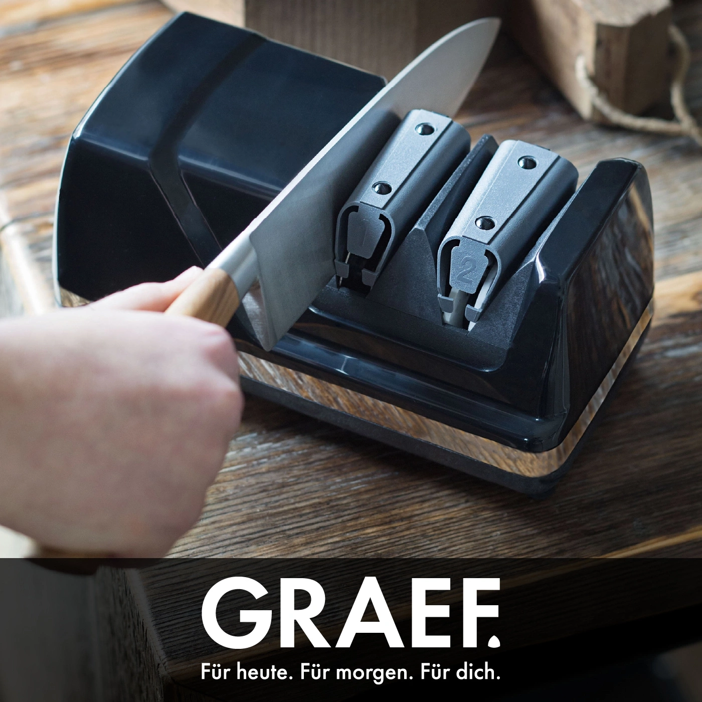Knife sharpening with GRAEF. For today, tomorrow and you. Black sharpener.