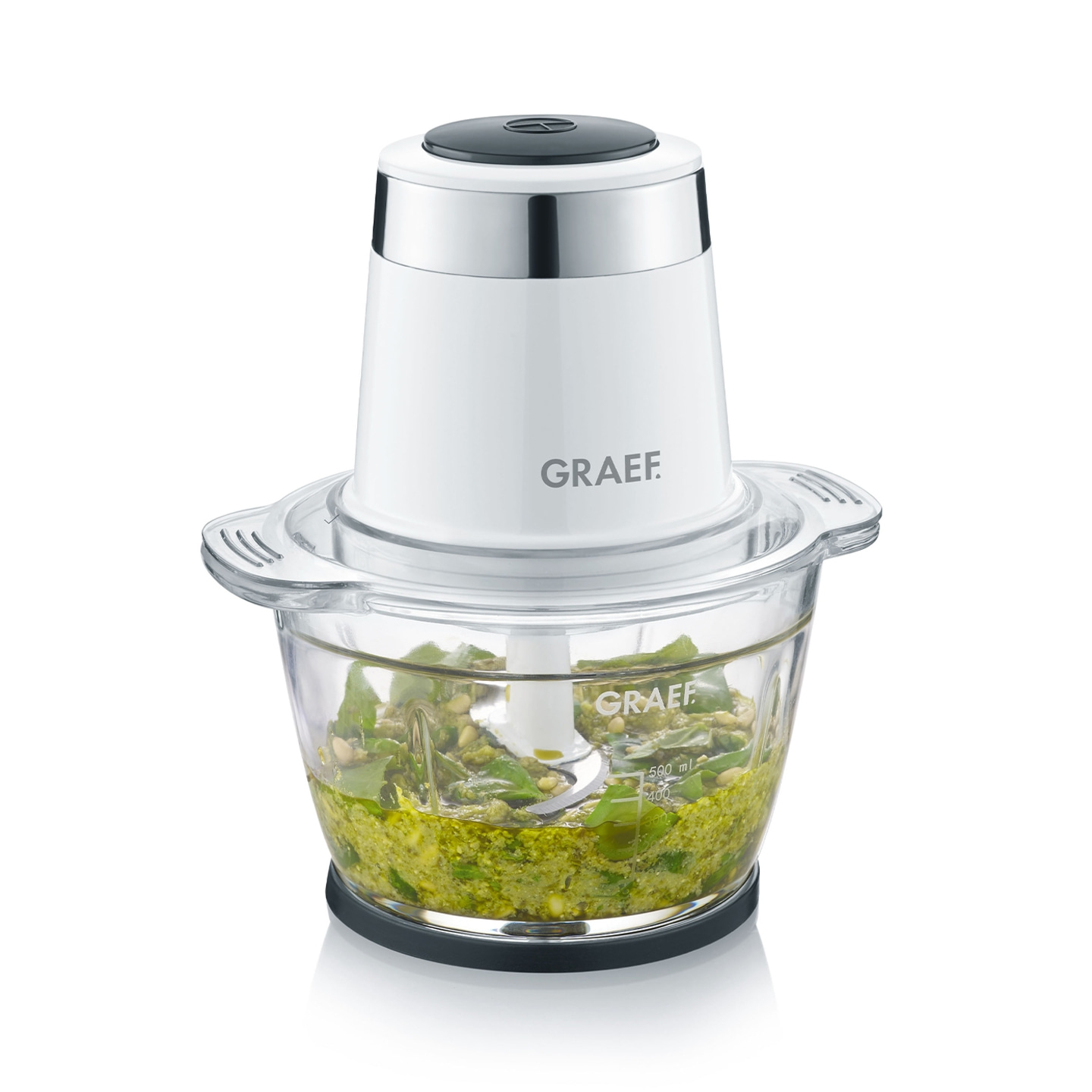 Graef Küchenmaschine mit Glasbehälter und Pesto-Zutaten, weißes Gerät