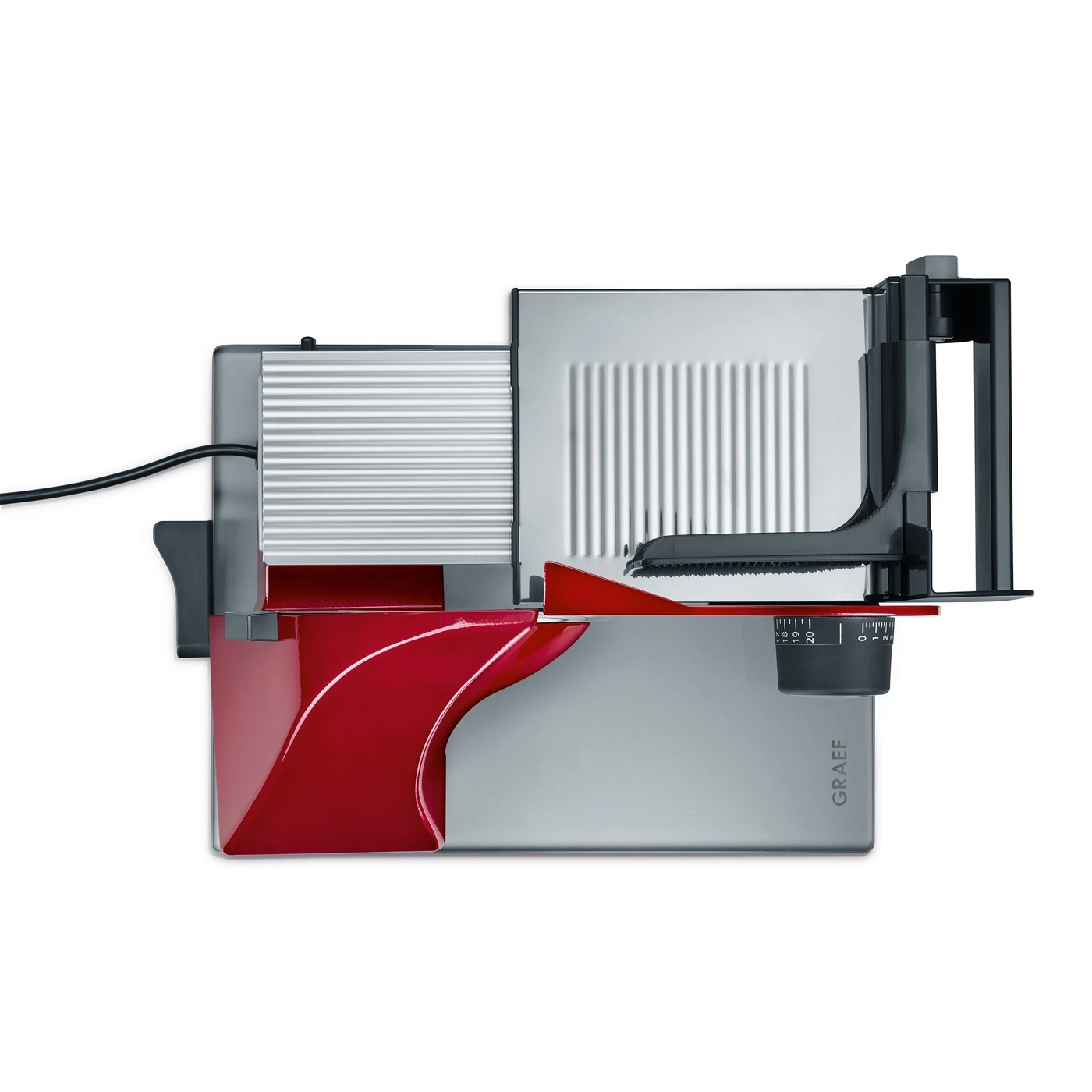 Graef food slicer, red and silver, detail shot, isolated on white background