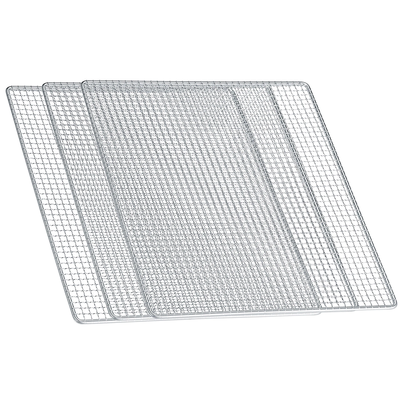 Three metal grids stacked together, likely for oven or grill use, close-up shot.