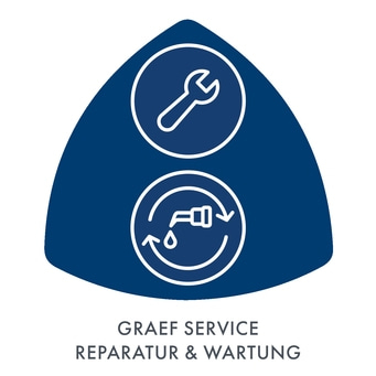 Blaues Dreieck mit Werkzeug und Wasserhahn-Symbolen, Text: GRAEF SERVICE