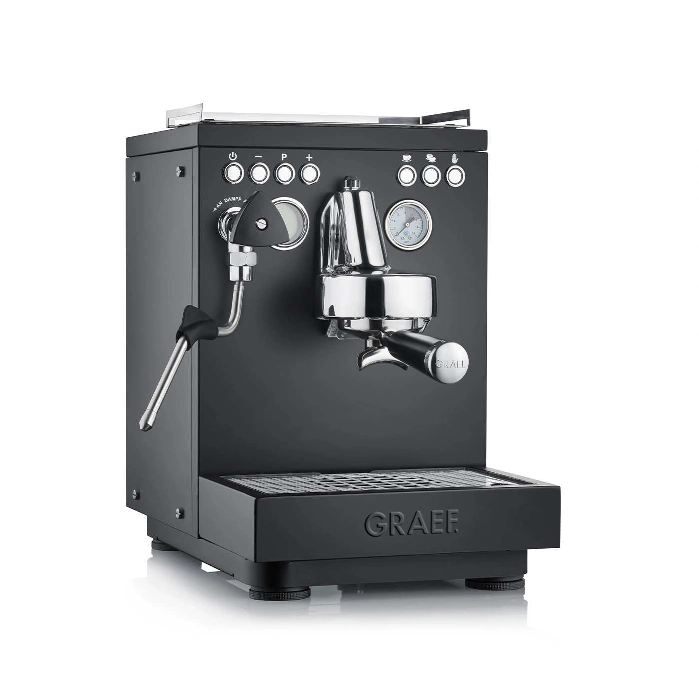 Schwarze Espressomaschine mit Dampfdüse und Manometer, GRAEF-Logo.