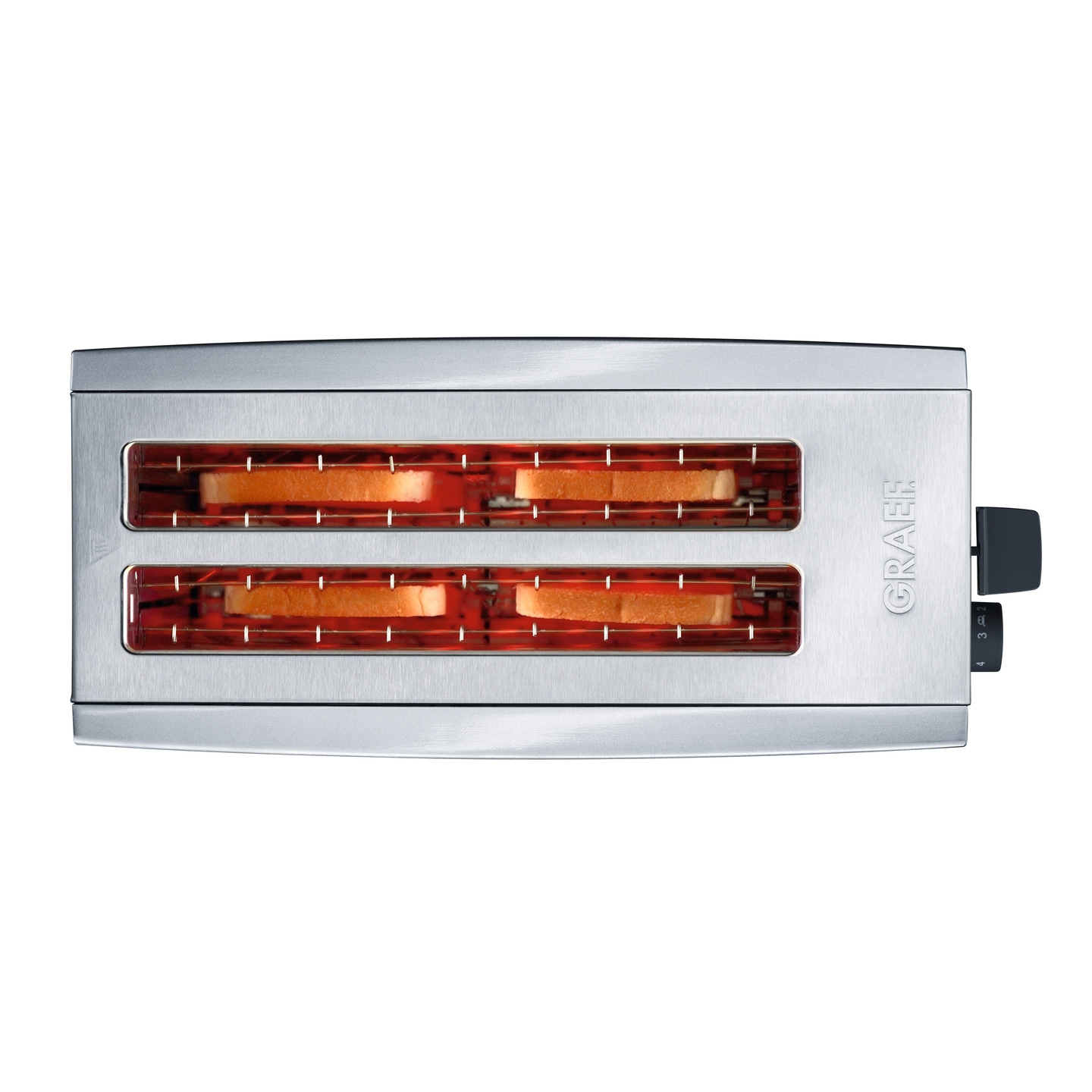 Toaster mit vier Toastscheiben, silbernes Gehäuse, Marke GRAEF, Toasten