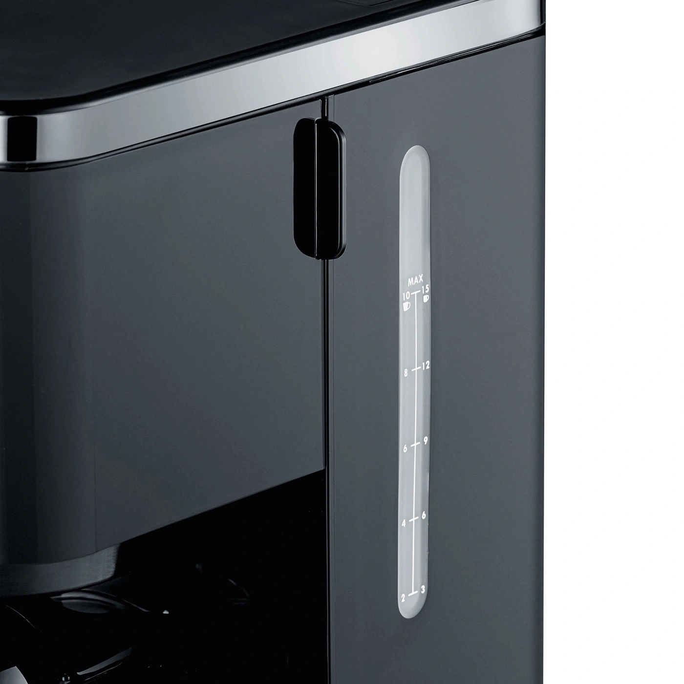 Coffee machine, water level indicator, black design, kitchen appliance, detail shot, close-up, modern