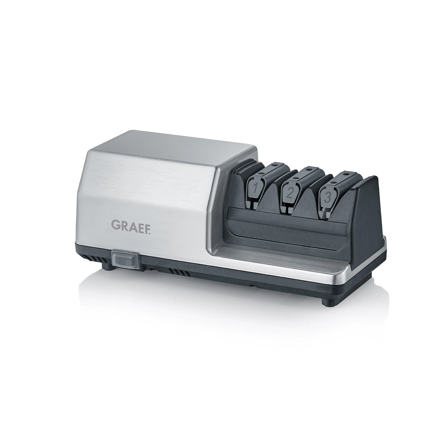 Silver electric knife sharpener with three sharpening positions, kitchen appliance, GRAEF brand