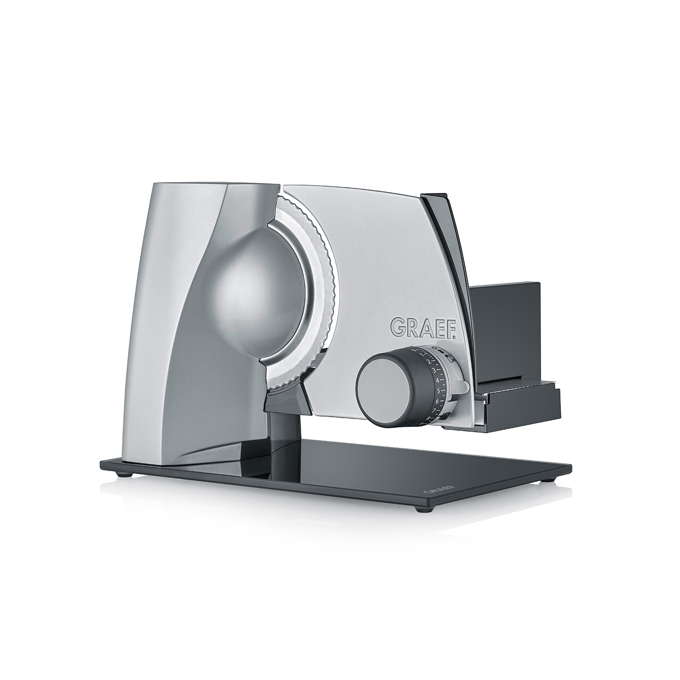 Graef Allesschneider, silberfarben, mit Drehknopf und Schneideblatt, auf schwarzer Basis