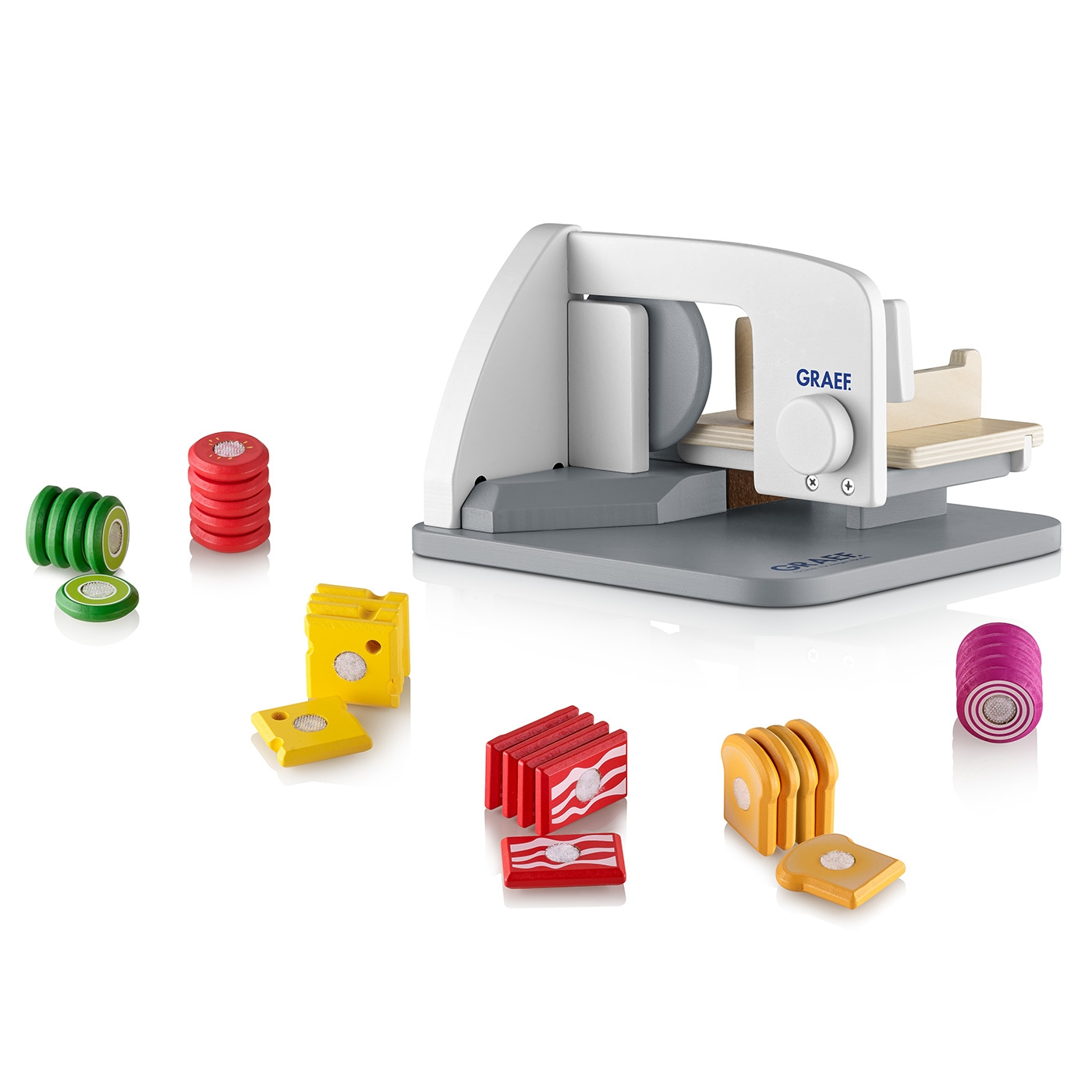 Spielzeug-Brotschneidemaschine mit Spielzeug-Lebensmitteln, Holzspielzeug, GRAEF-Logo