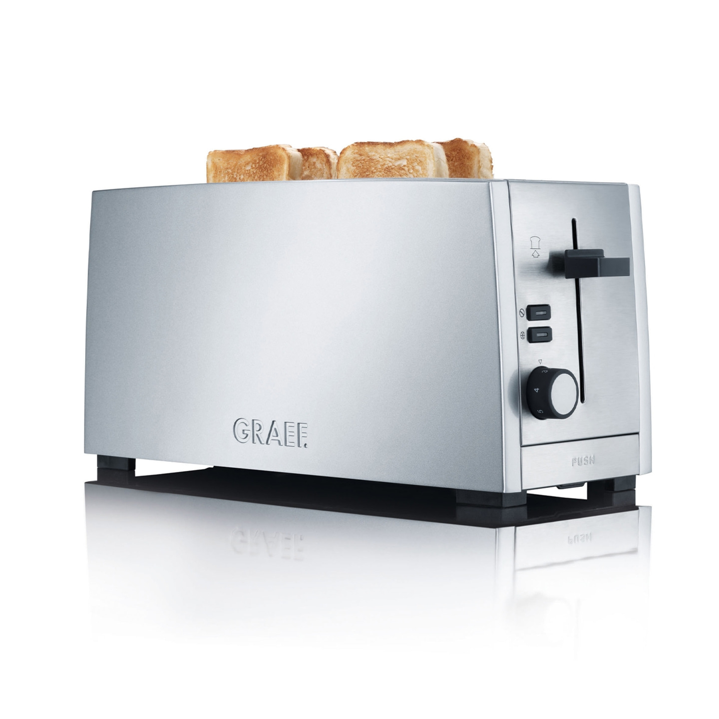 Silberner Toaster mit Toastbrot, GRAEF-Logo, Knöpfen und Hebel.