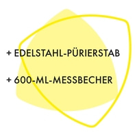 Edelstahl-Pürierstab und 600-ml-Messbecher auf gelbem Hintergrund