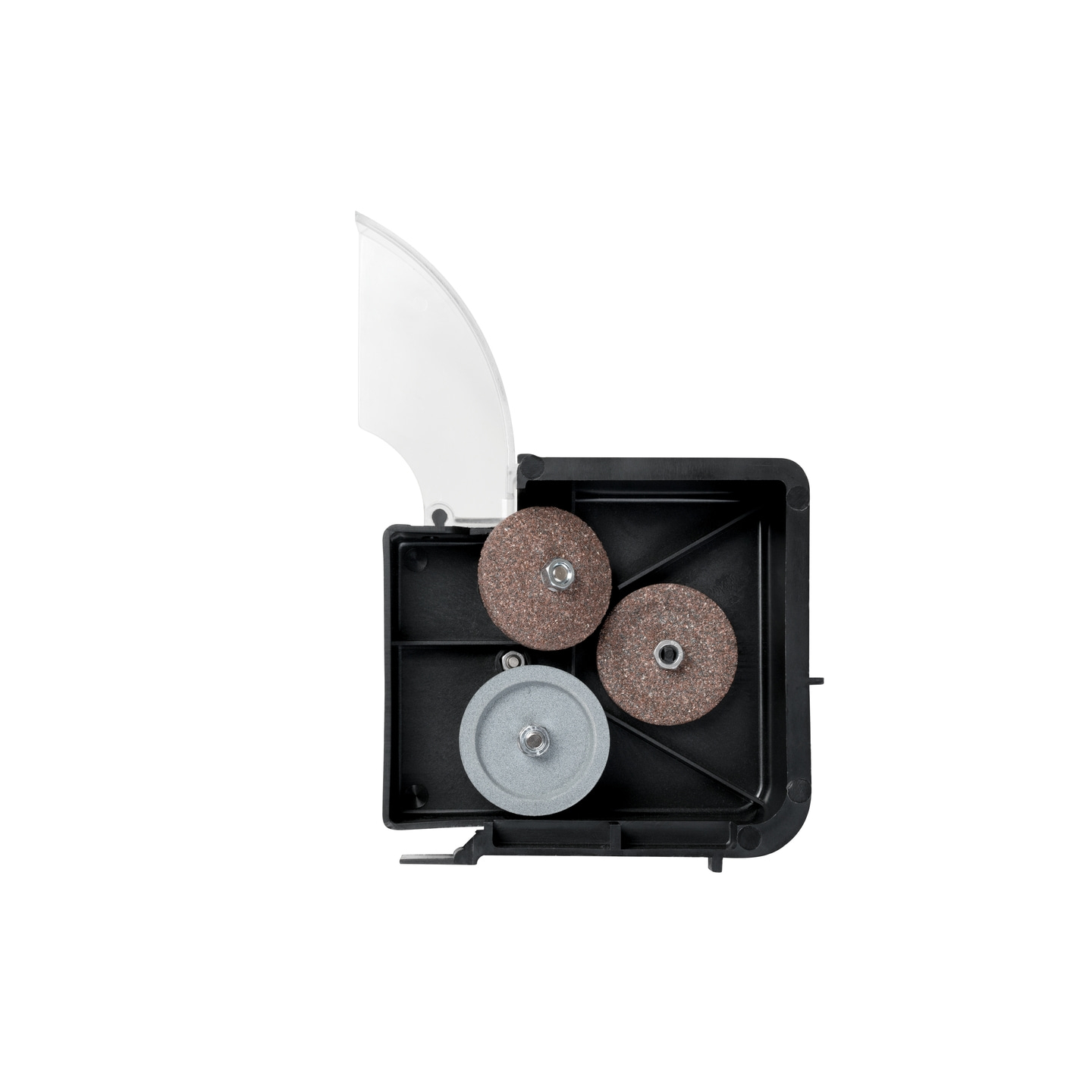 Schleifmaschine mit drei Schleifscheiben und Schutzvorrichtung, Nahaufnahme, isoliert