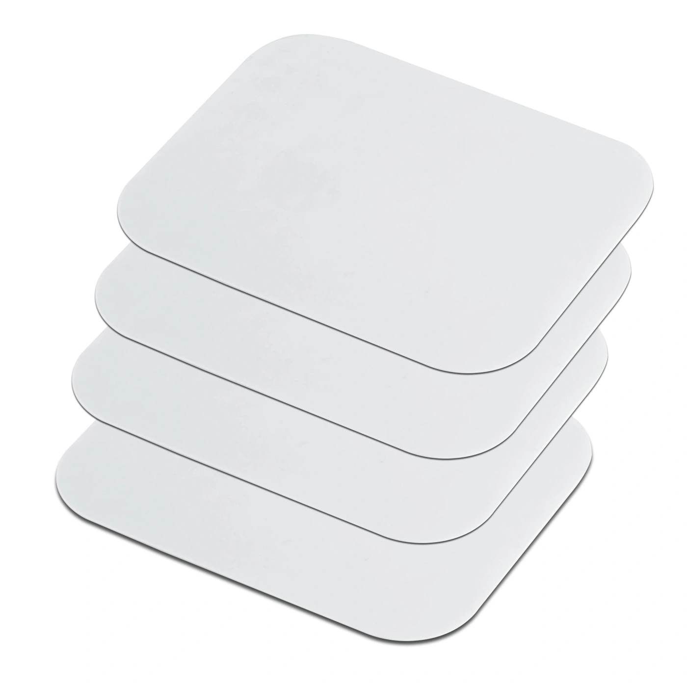 Stack of white, rounded rectangular sheets lying on a white background.