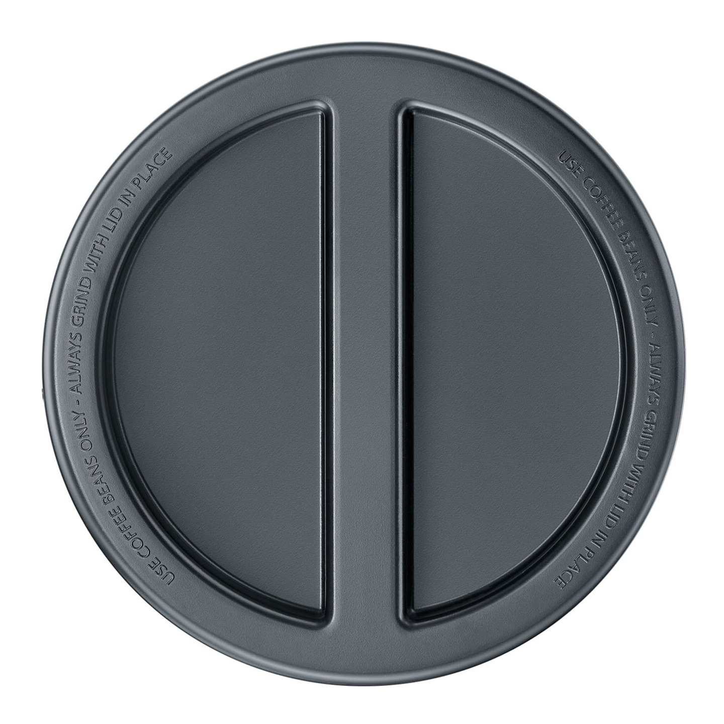 Kaffeebohnen-Deckel mit Aufschrift: Nur Kaffeebohnen verwenden, immer mit Deckel mahlen.