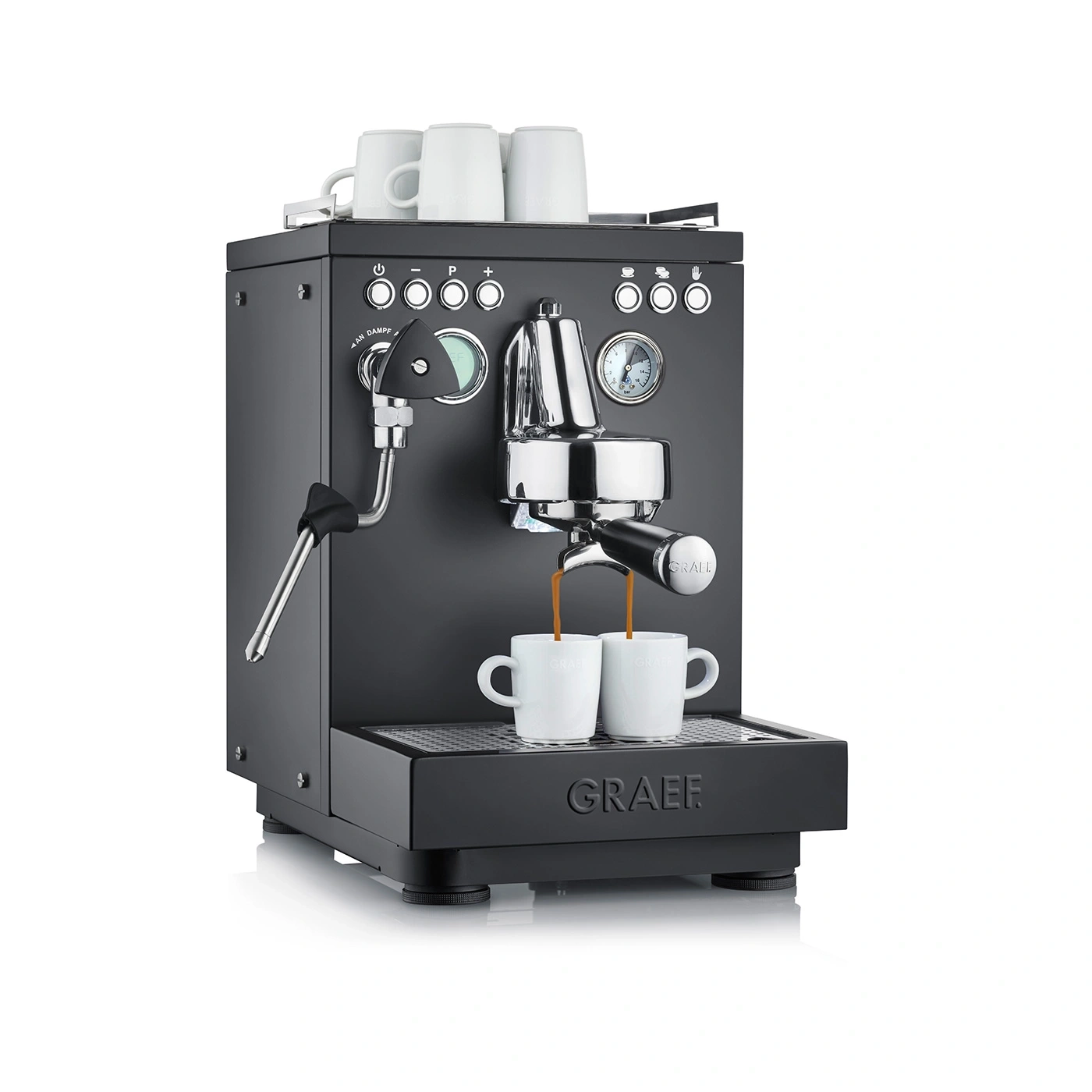 Espressomaschine, schwarz, mit Tassen, Kaffeezubereitung, Graef-Logo, Dampf