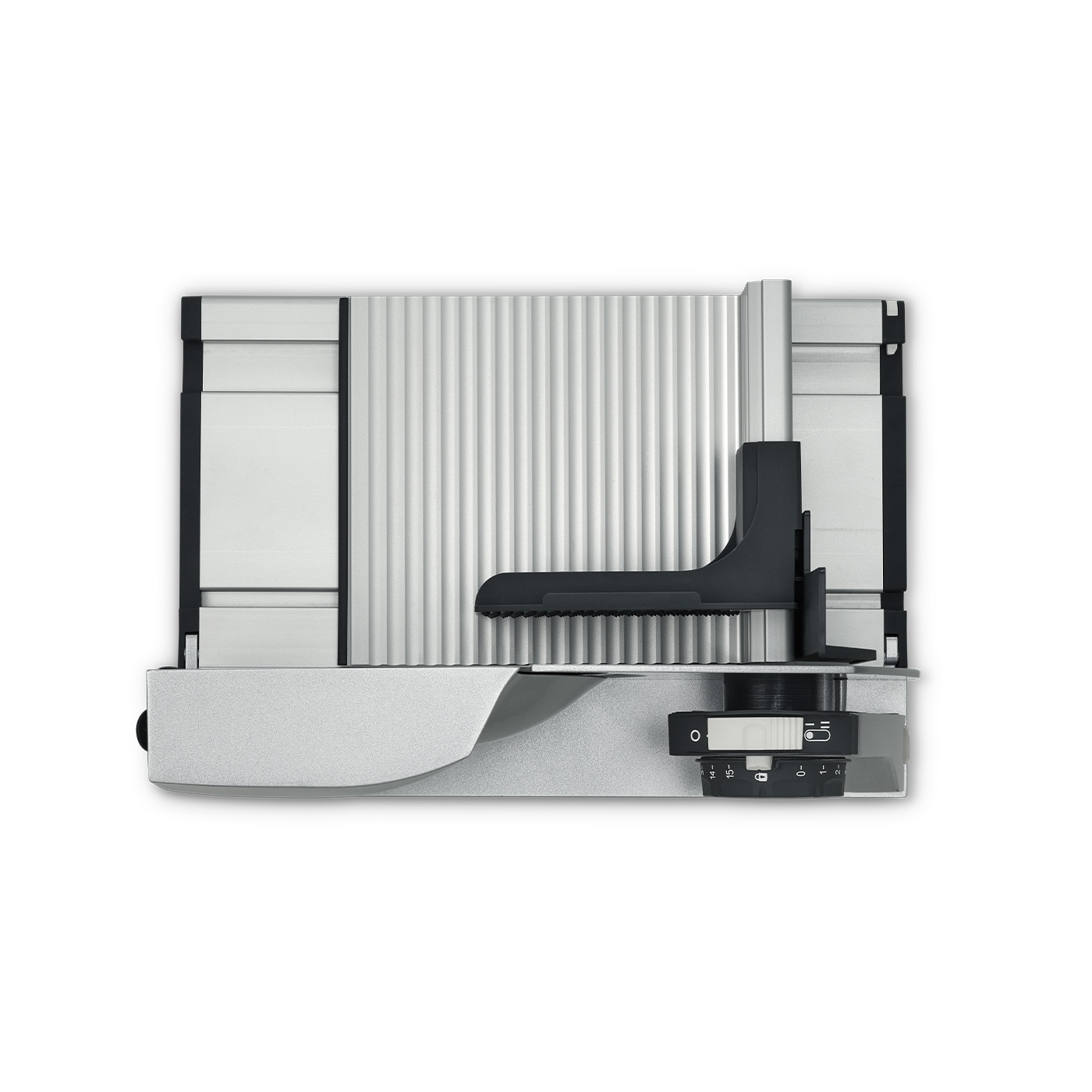 Silberne Aufschnittmaschine mit schwarzem Griff und Einstellrad für die Dicke.