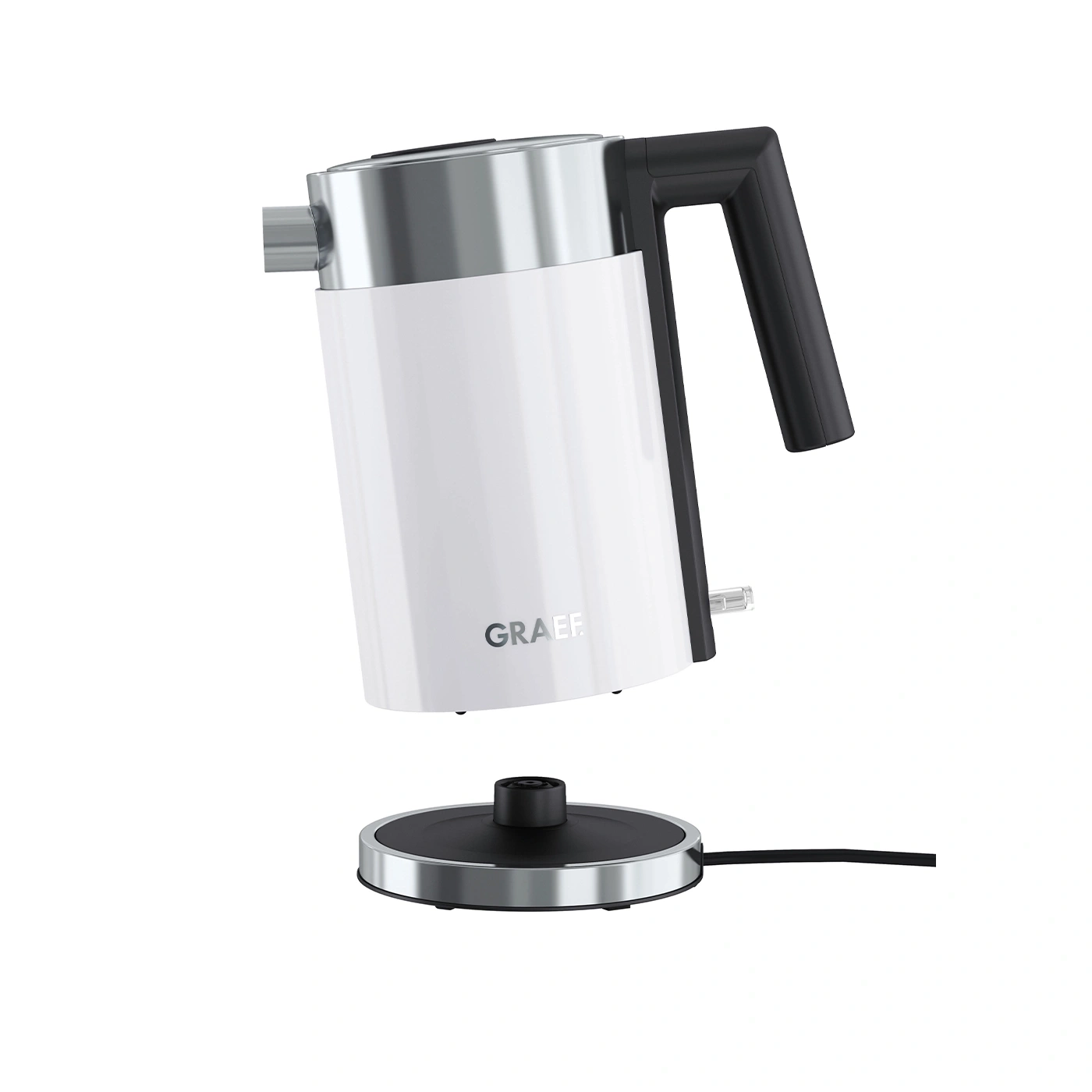 White electric kettle with black handle and base, GRAEF brand, isolated on white
