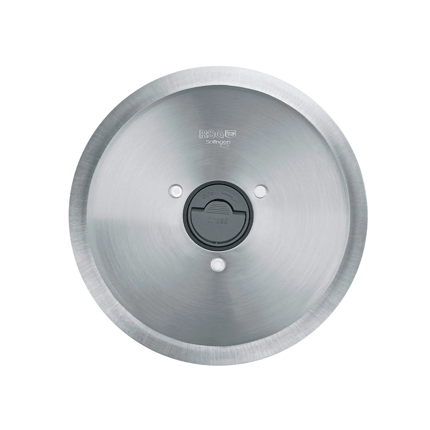 Circular kitchen device with RSG Solingen logo and 'Open/Press' function.