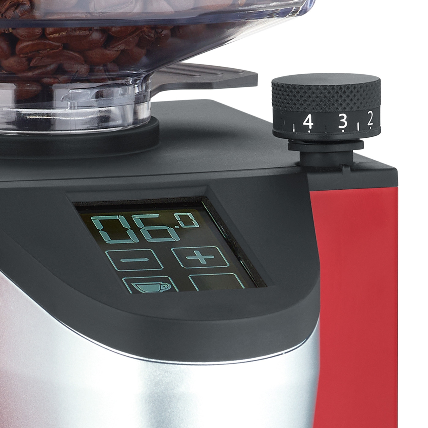 Kaffeemühle mit Display und Einstellrad für die Mahlfeinheit.