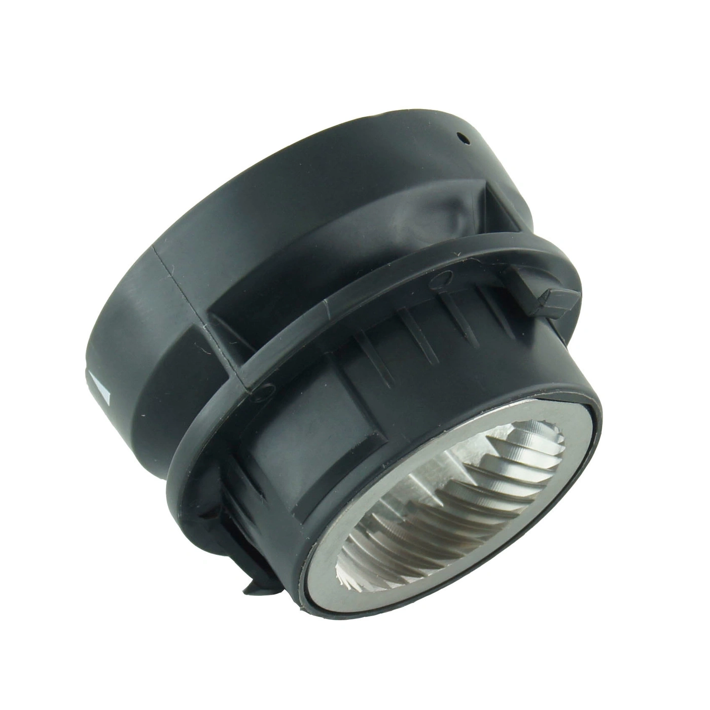 Black plastic part with metal thread, isolated on a white background.