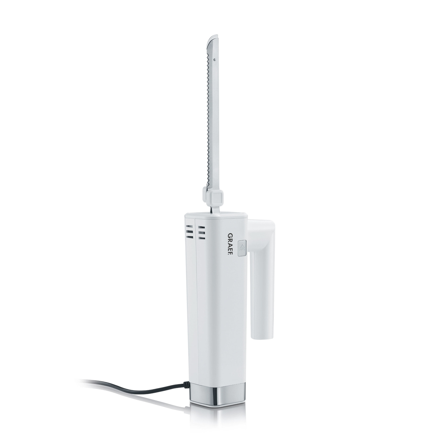 Weißes elektrisches Messer mit Sägeblatt und Griff, isoliert auf weißem Hintergrund