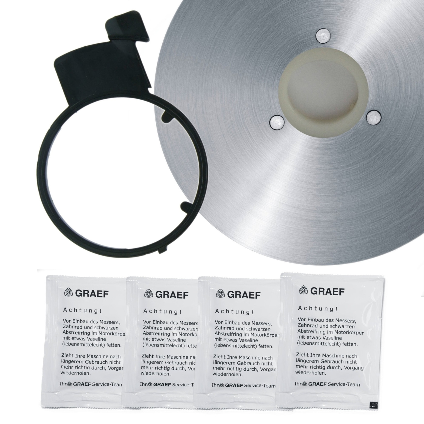 Circular blade, black ring, Vaseline sachets, GRAEF logo, warning text, product image, kitchen appliance