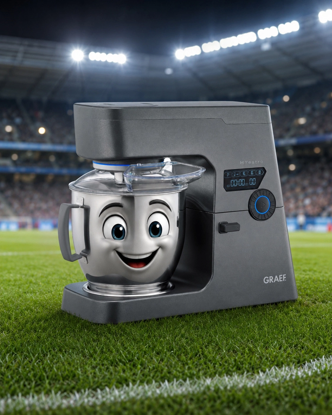 Eine Küchenmaschine mit lustigem Gesicht auf einem Fußballfeld.