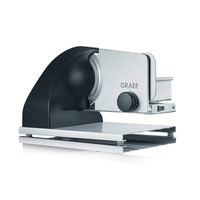 Graef electric slicer, silver and black, with adjustment dial and logo, for food preparation.