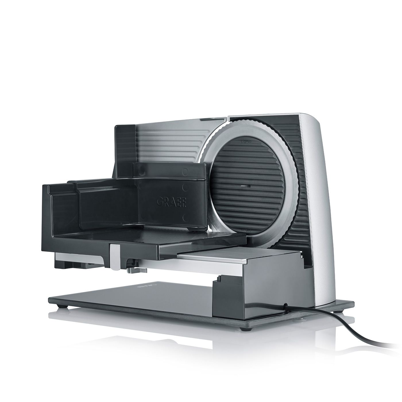 Graef Allesschneider, silberfarben, elektrisch, mit Schneidmesser, für Lebensmittel.