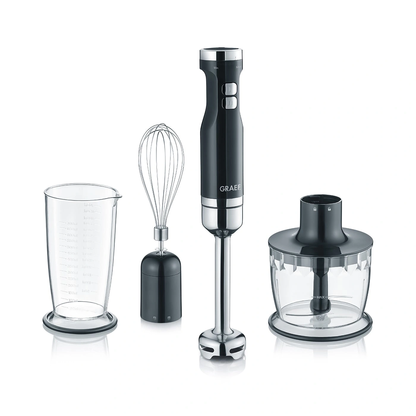 Black immersion blender with accessories: beaker, whisk, chopper, measuring cup, kitchen appliance