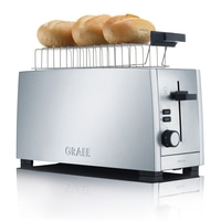 Graef Toaster mit Brötchenaufsatz und Brötchen. Silbernes Design.