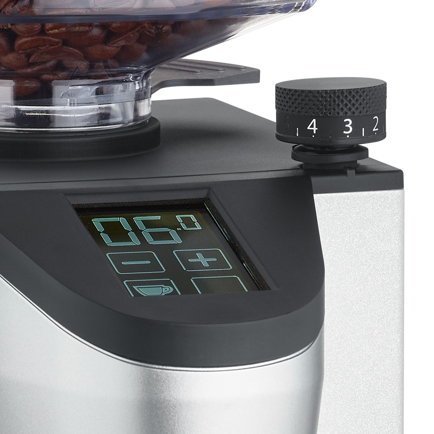 Kaffeemühle mit Display und Einstellrad für die Mahlfeinheit.