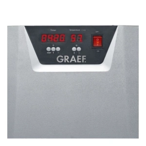 Graef device with red display showing timer and temperature, and an on-off switch.