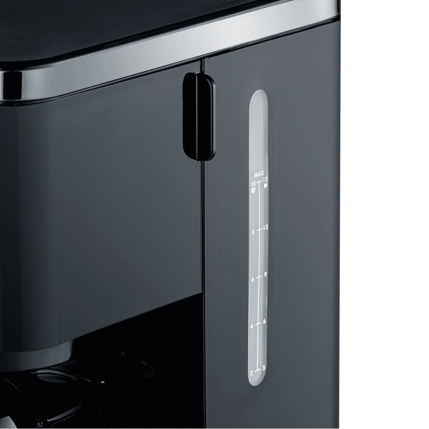 Close-up of a black coffee maker with water level indicator, modern design