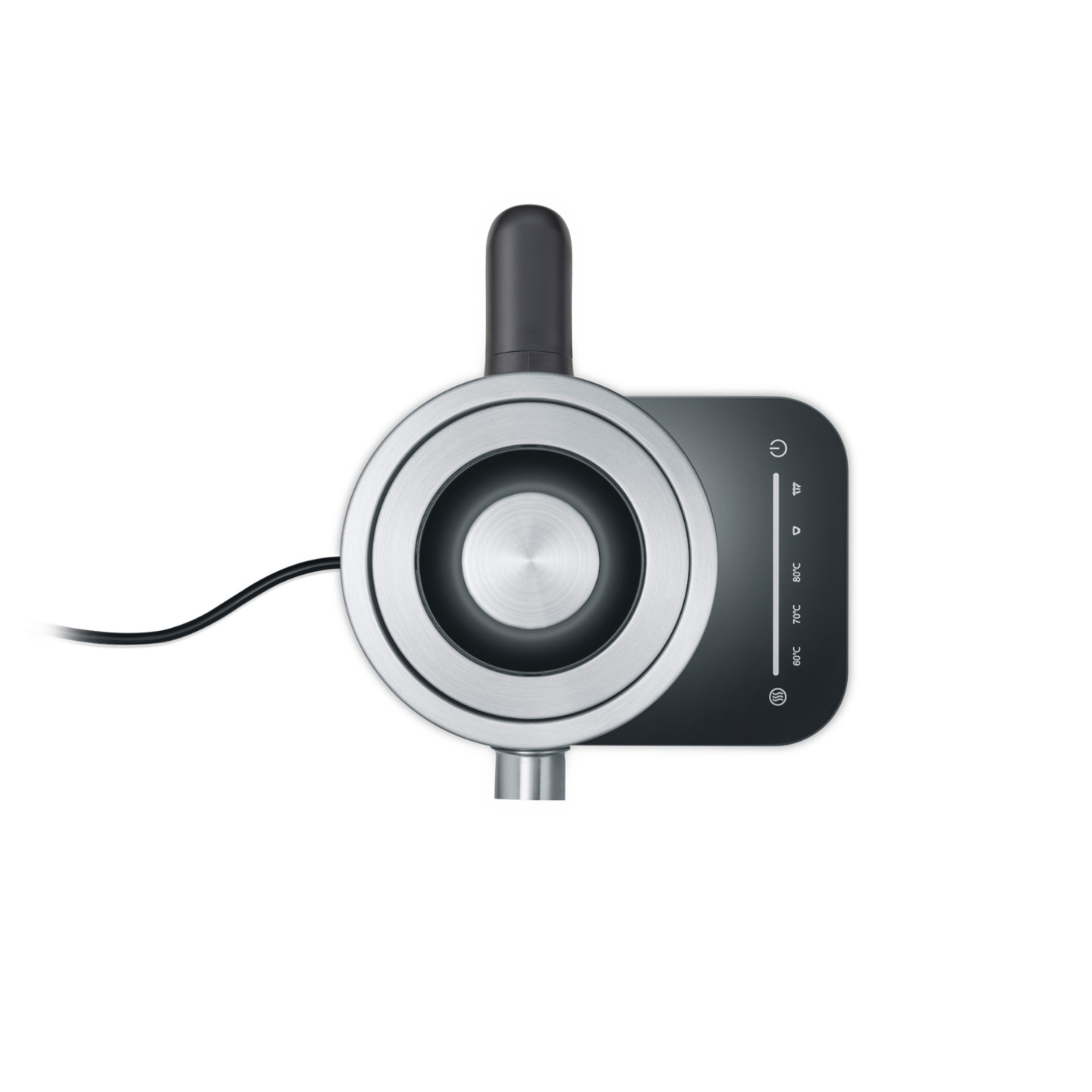 Wasserkocher, Draufsicht, Edelstahl, schwarz, Bedienfeld, Temperaturanzeige, Stromkabel