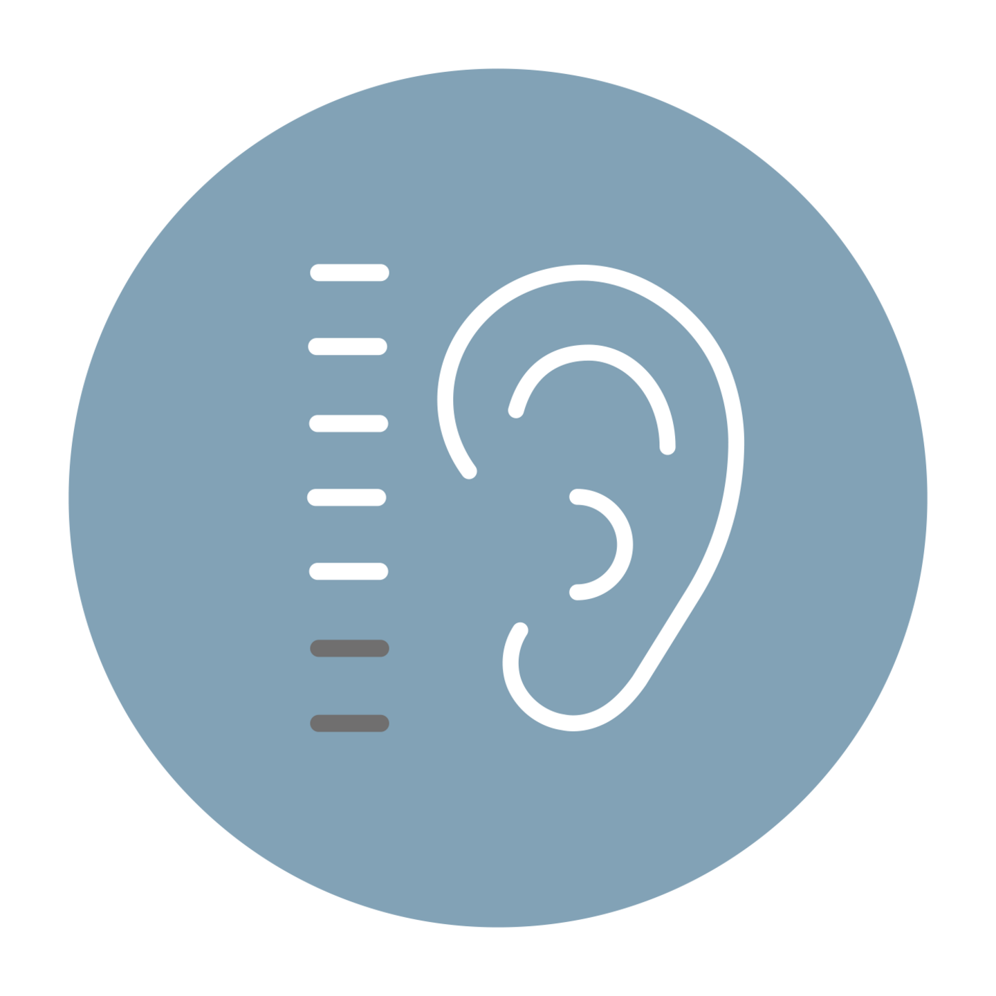 Ohr-Symbol mit Messskala in einem blauen Kreis auf schwarzem Hintergrund