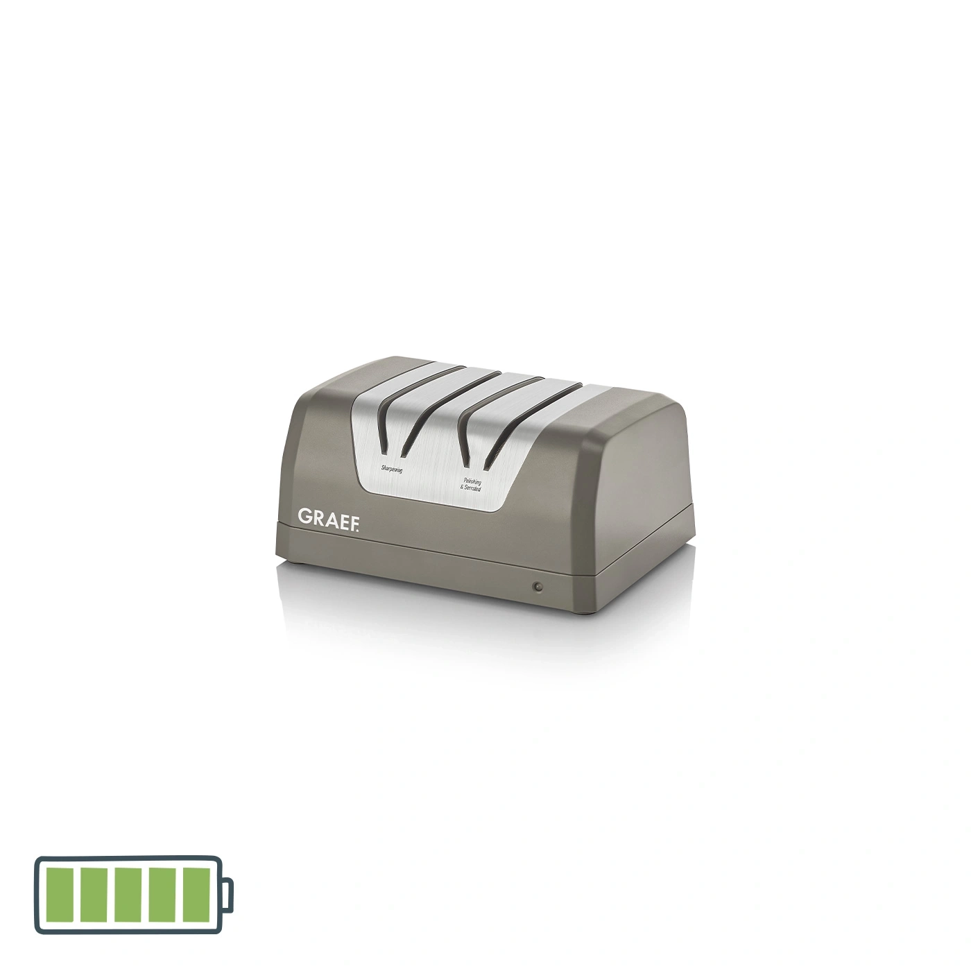Gray Graef knife sharpener with three sharpening areas for knives