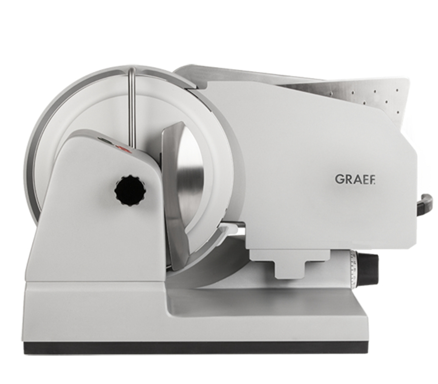 Graef Allesschneider, silberfarben, mit großem Schneidrad und GRAEF-Logo