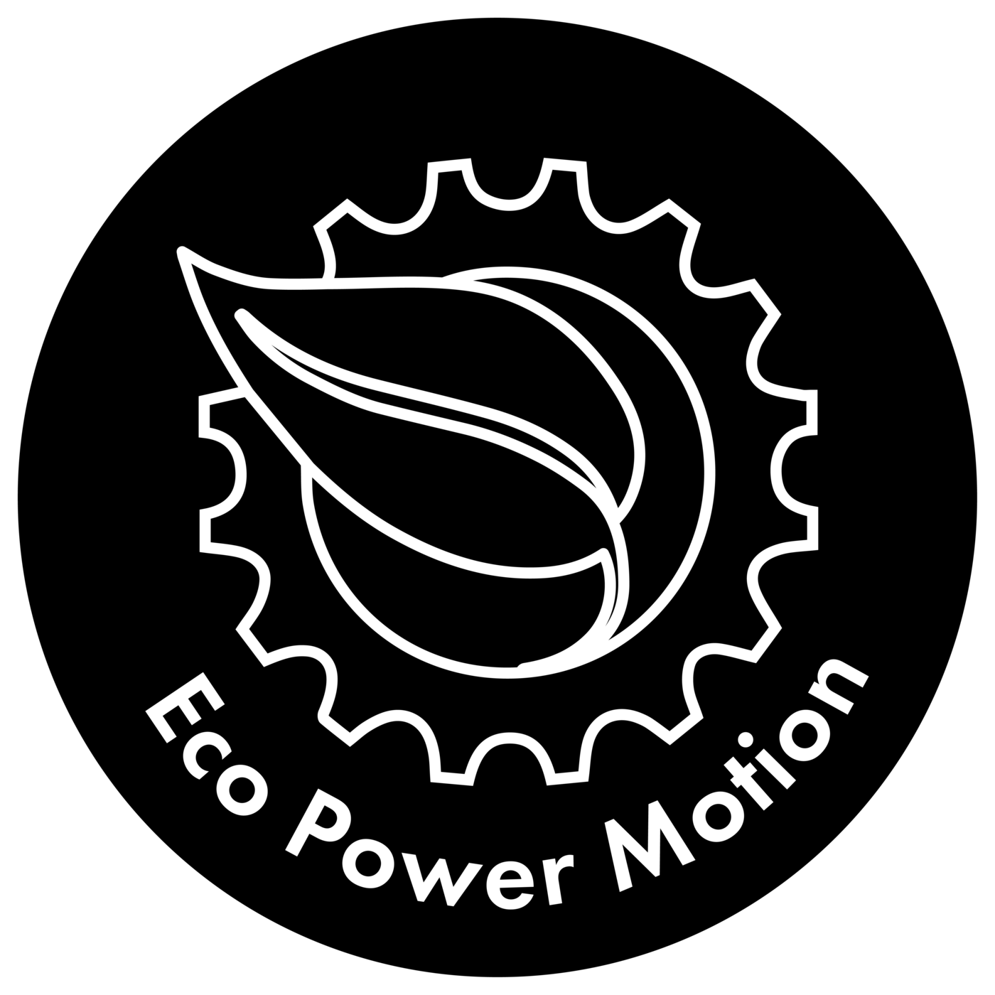 Logo mit Zahnrad, Blatt und Schriftzug 'Eco Power Motion' auf schwarzem Hintergrund.