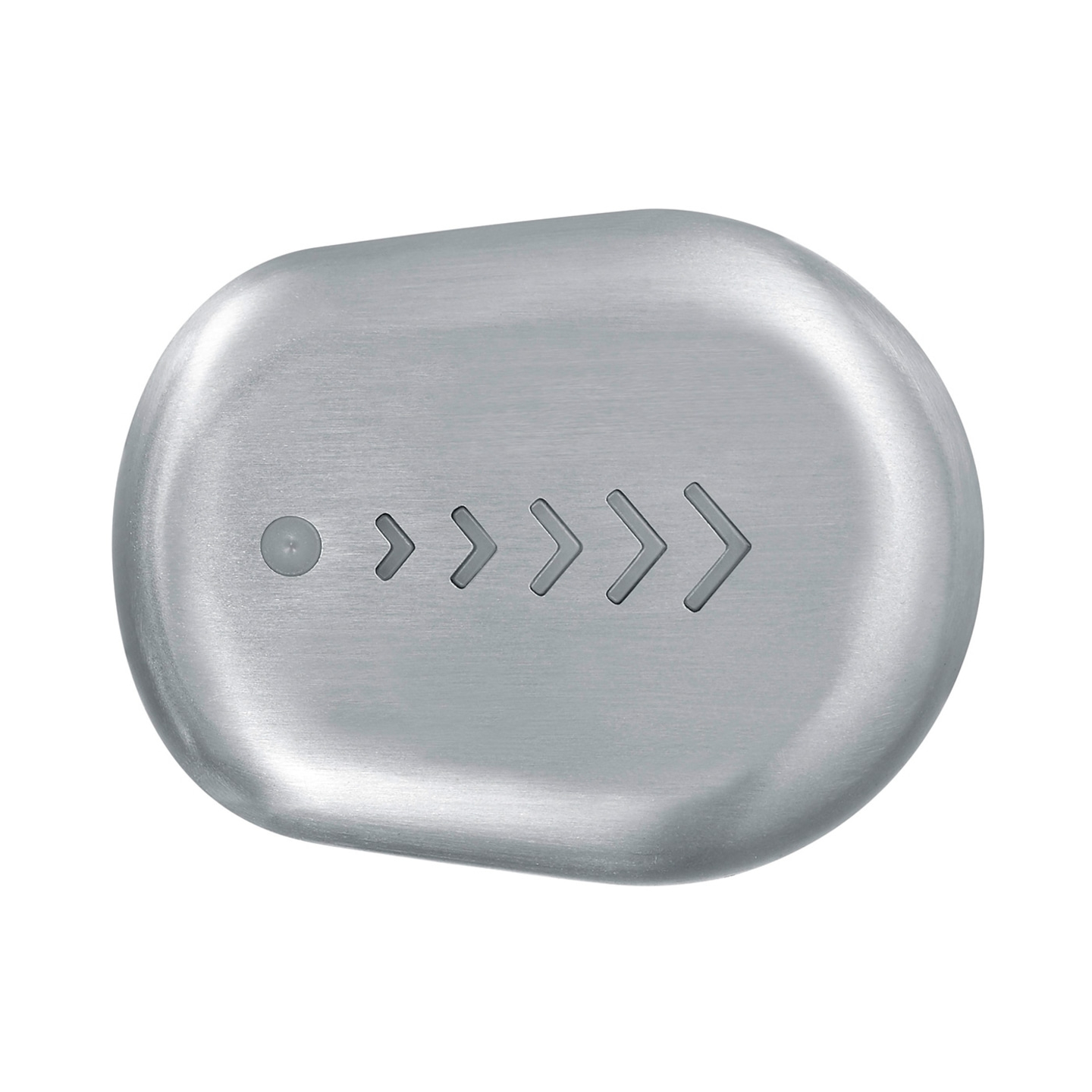 Graue ovale Taste mit Pfeilen und einem Punkt, Metalloberfläche