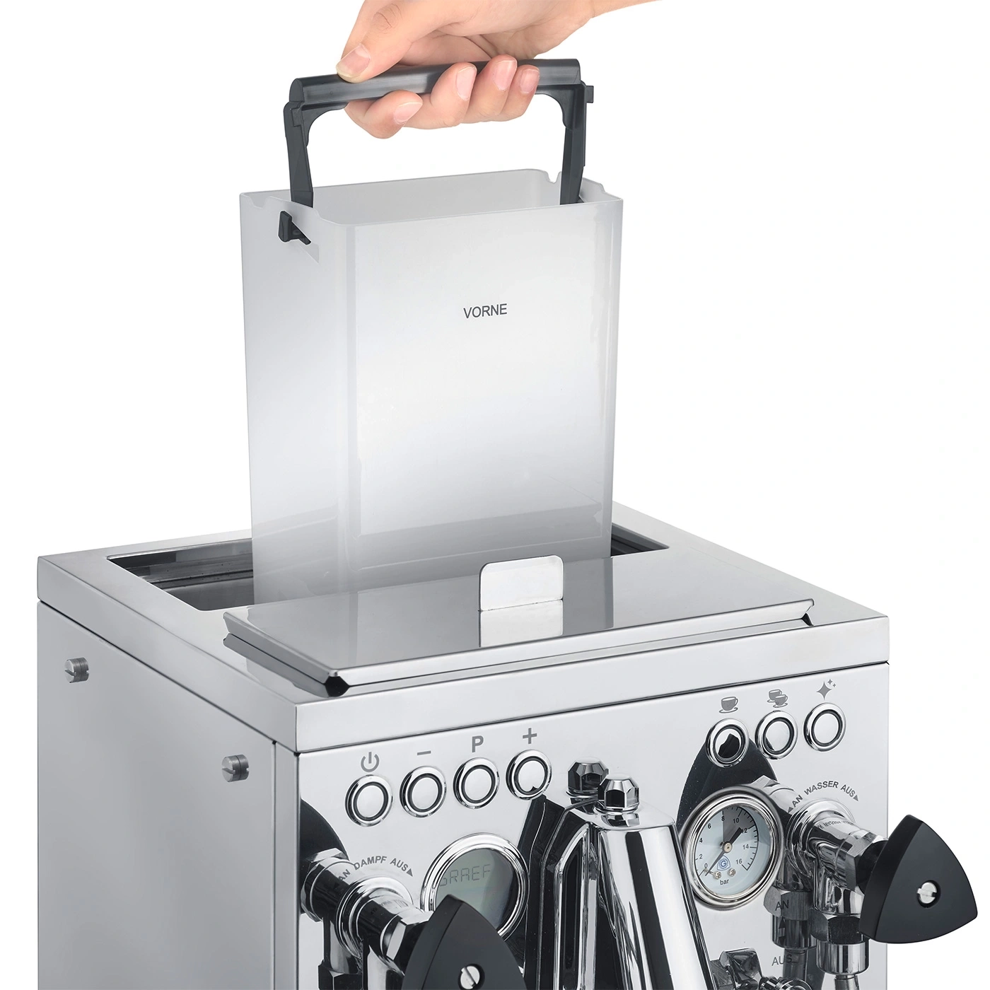 Hand lifting water tank from espresso machine, chrome, Vorne.