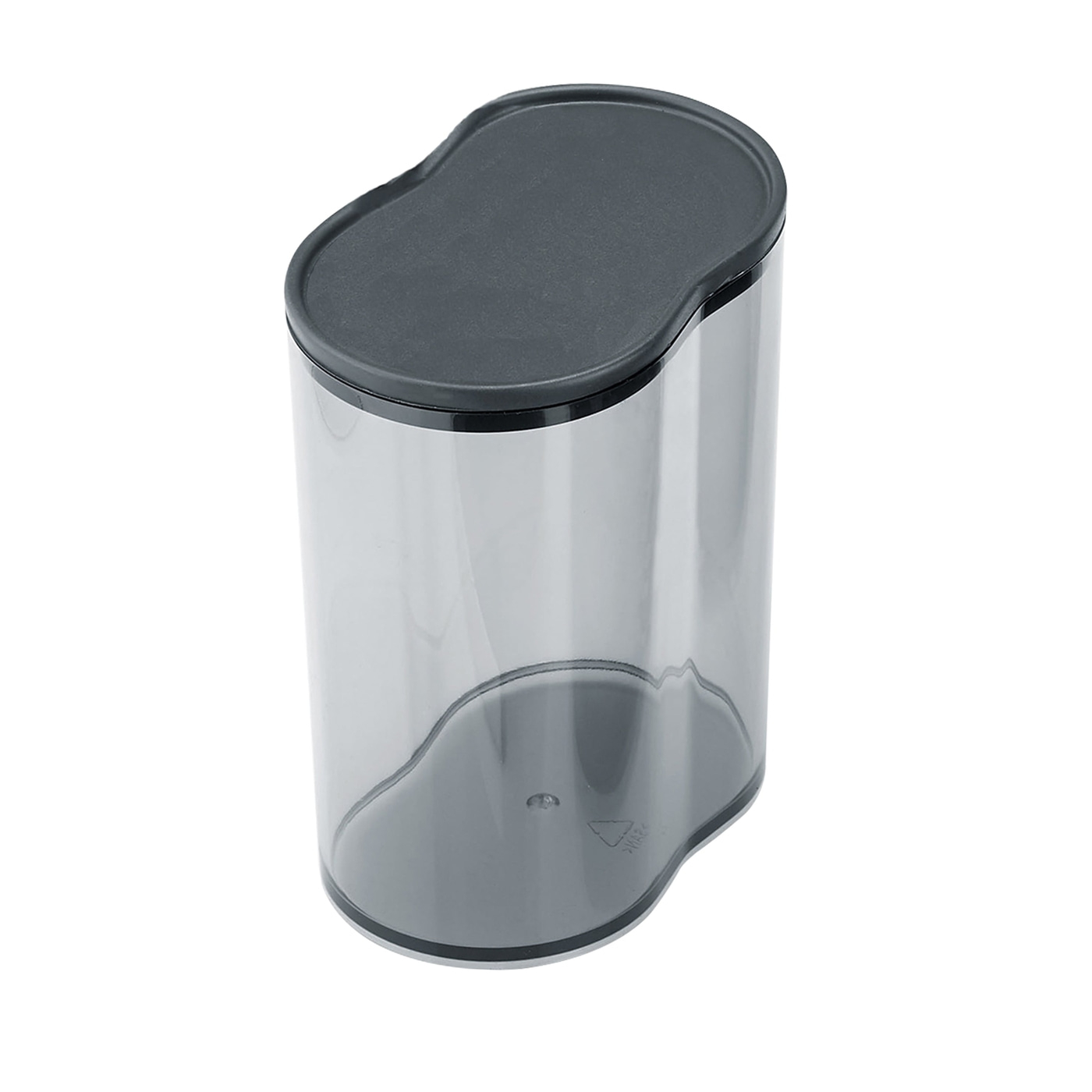 Transparent container with lid. Gray plastic. Cylindrical shape. For kitchen or bathroom.