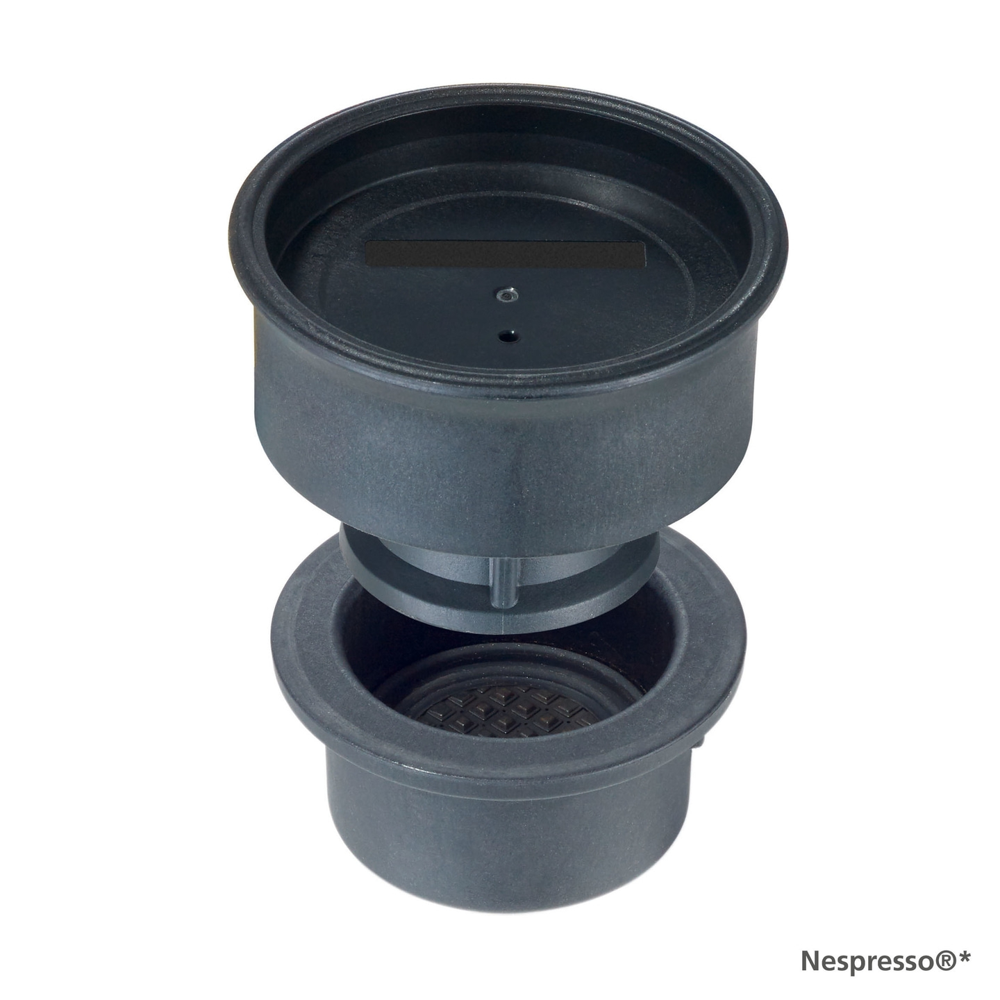 Schwarzer Kaffeemaschinen-Aufsatz, getrennt, für Kapseln, mit Nespresso-Logo.