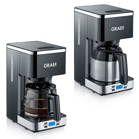 Zwei schwarze Kaffeemaschinen mit digitaler Anzeige und GRAEF-Logo.